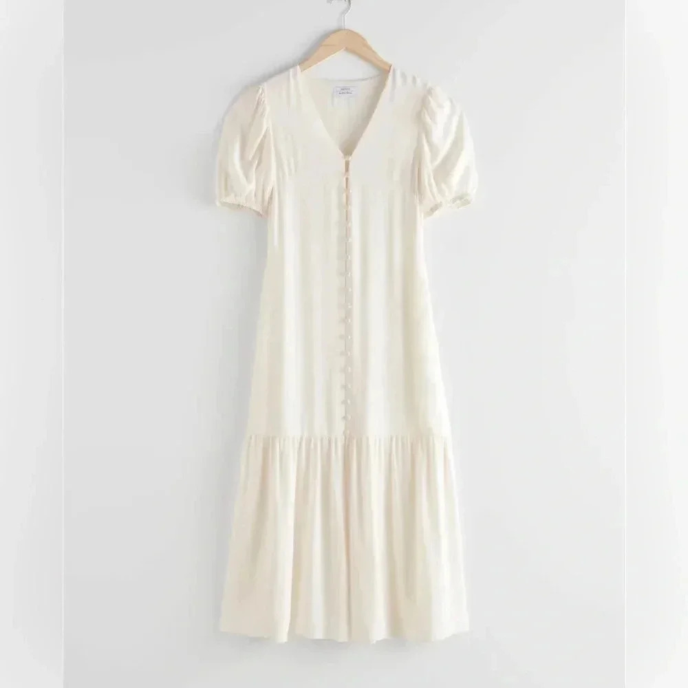 & other stories cream midi dress Button-Down Puff Sleeve Maxi bridal engagement